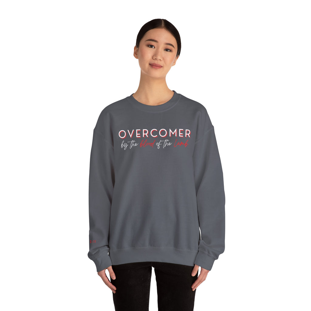 The Overcomer Crewneck Sweatshirt w/White and Red Text