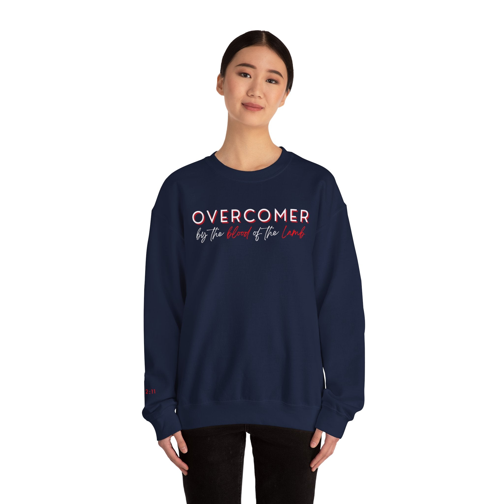 The Overcomer Crewneck Sweatshirt w/White and Red Text
